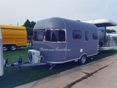 Stainless steel Airstream model camping trailer, mobile RV camper
